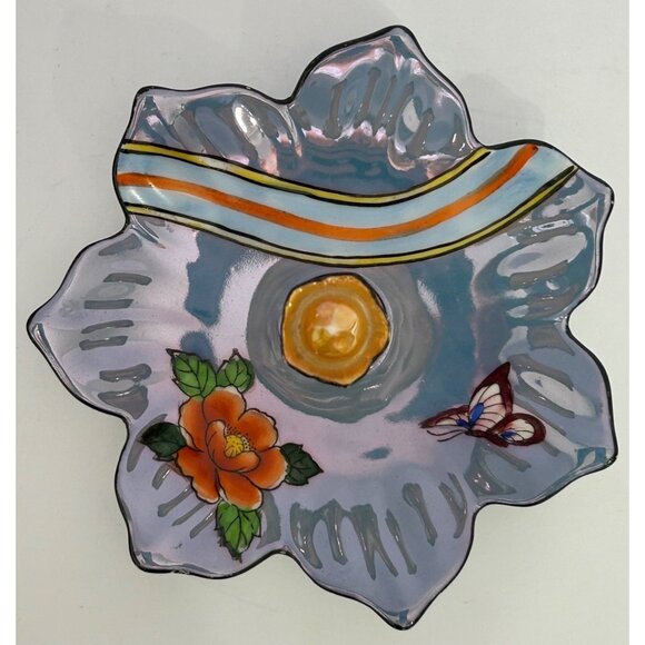 Lusterware Art Deco Noritake Blue Floral Butterfly Ring Trinket Tidbit Soap Dish - Picture 5 of 13